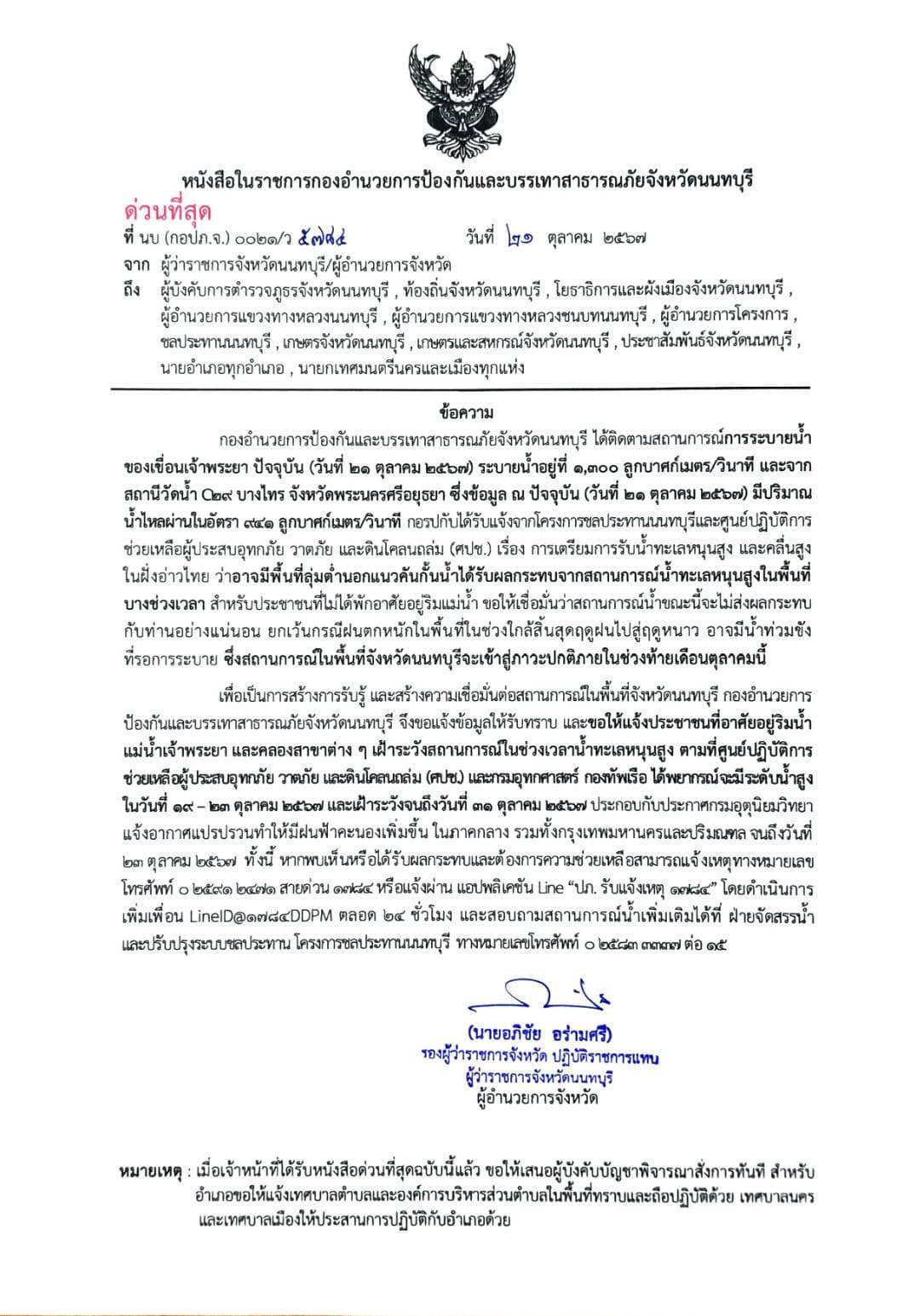 ประกาศสถานการณ์น้ำล่าสุดของจังหวัดนนทบุรี และการเฝ้าระวังช่วงเวลาที่น้ำทะเลหนุนสูงในช่วงนี้