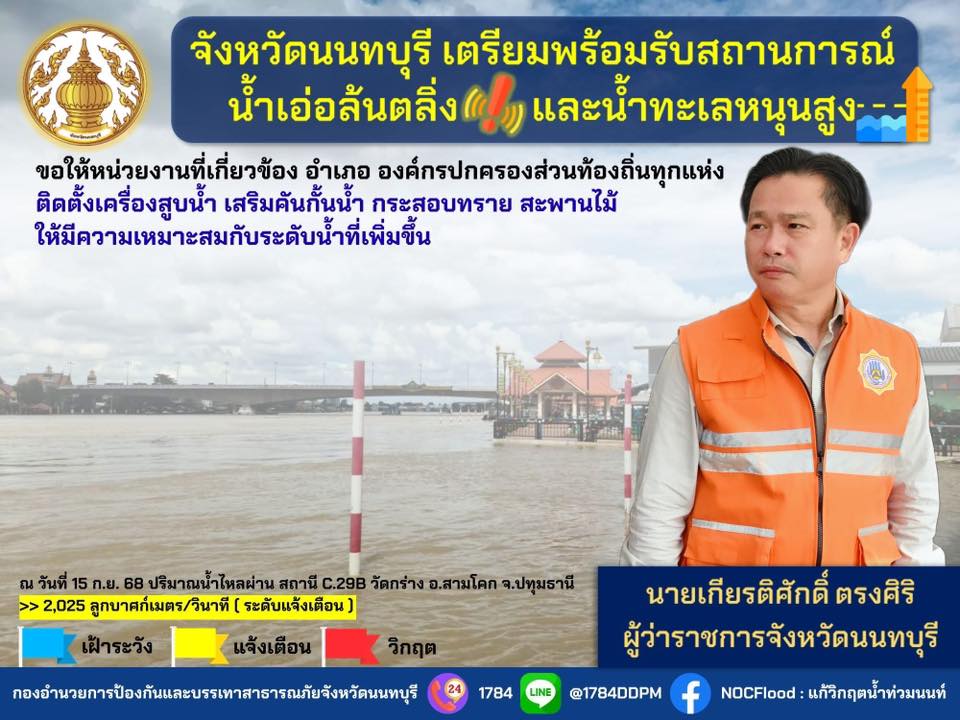 นนทบุรี เตรียมรับ น้ำเอ่อล้นตลิ่ง และ น้ำทะเลหนุนสูง