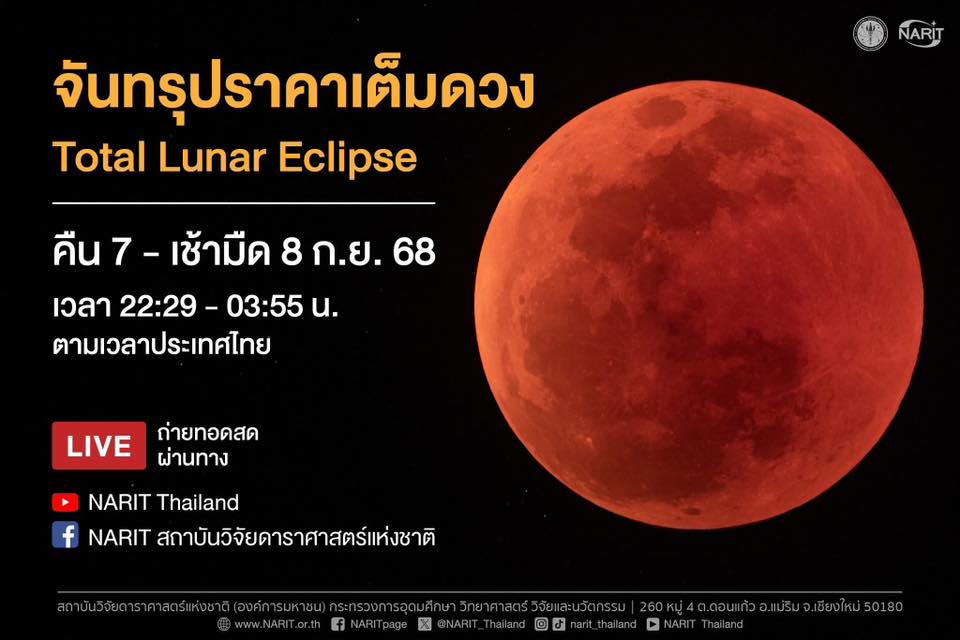 เตรียมชมๆ จันทรุปราคา เต็มดวง🌗คืนนี้ 22.29 – 01:53 น. 👀ลุ้นๆเห็นได้ด้วยตาเปล่าทั่วประเทศ