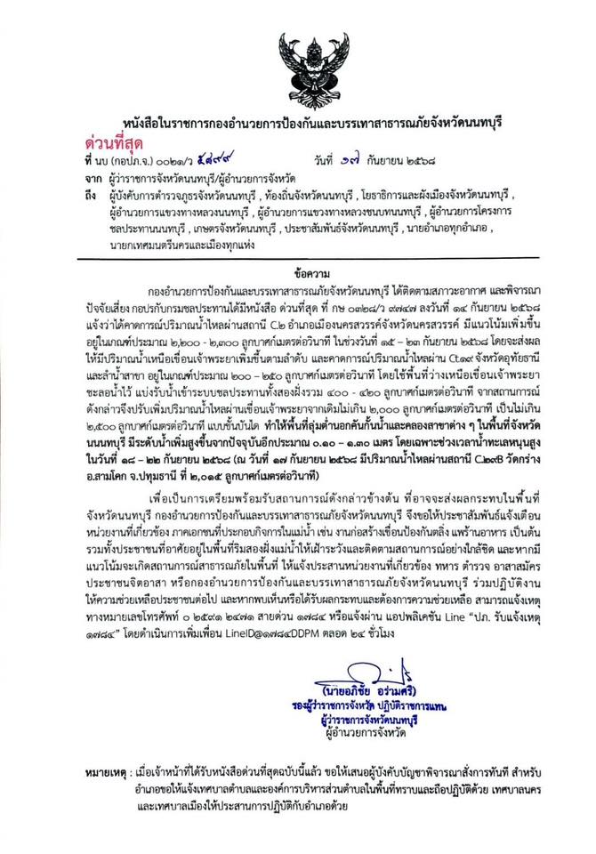 ปภ.นนทบุรี แจ้งเตือนสถานการณ์ลุ่มน้ำเจ้าพระยา