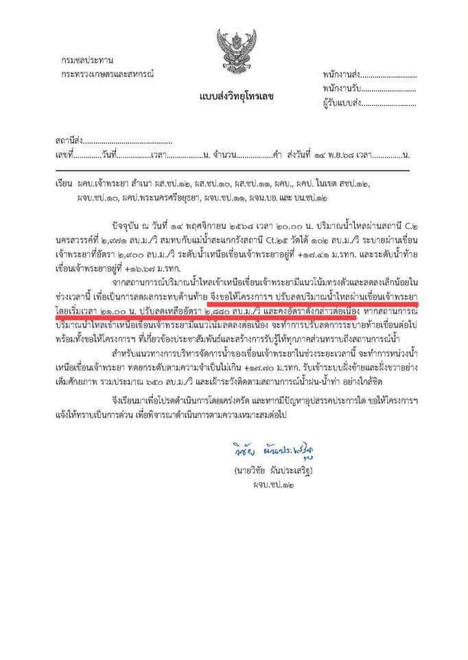 แจ้งปรับลดการระบายน้ำท้ายเขื่อนเจ้าพระยา