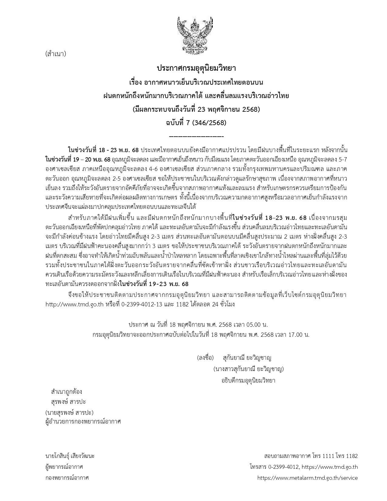 ประกาศกรมอุตุนิยมวิทยา ภาคกลาง กทม. ปริมณฑล อุณหภูมิลดลง 2-5 องศา ขอให้ดูแลรักษาสุขภาพกันด้วยนะจ๊ะ