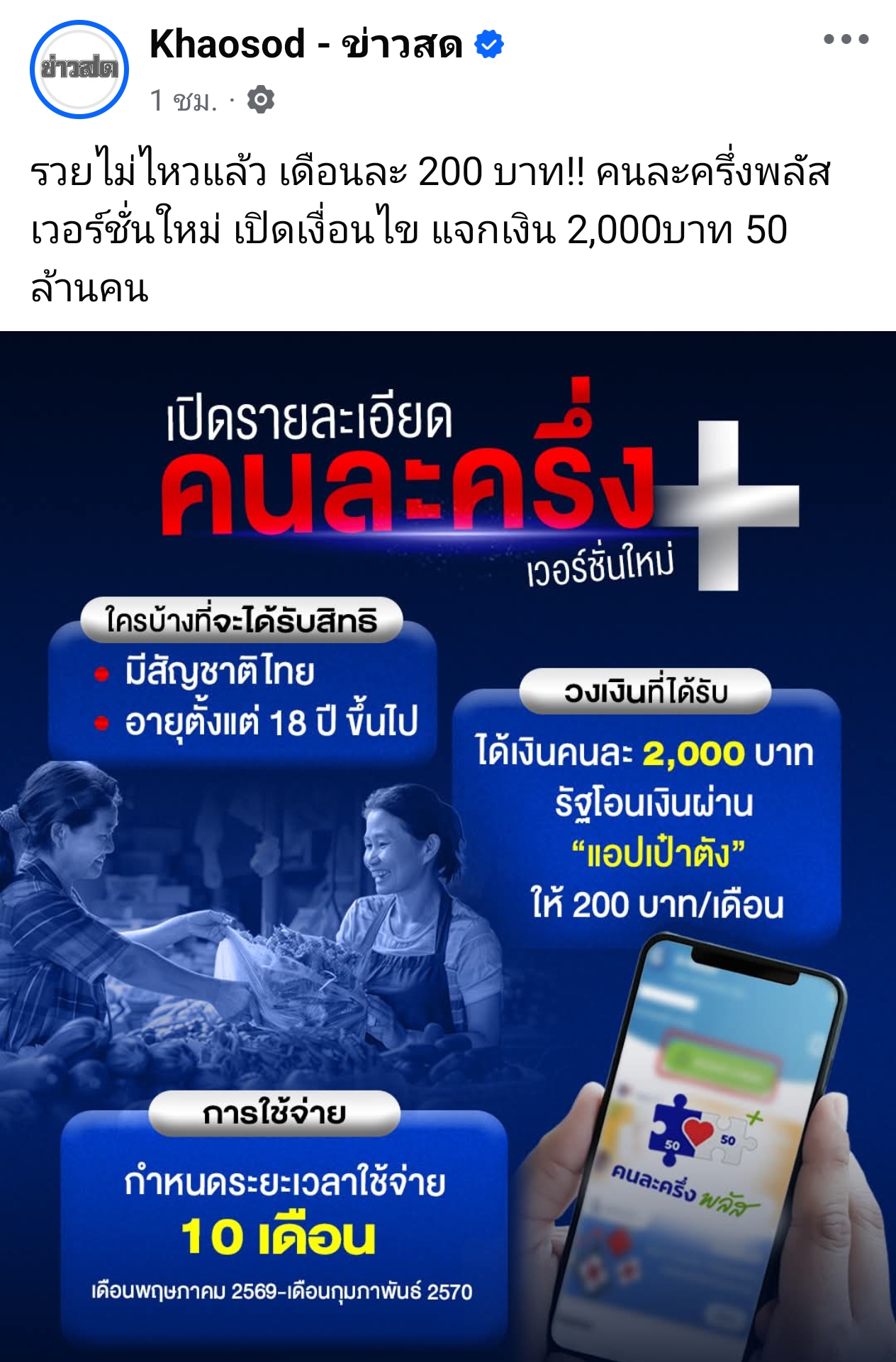มาแล้ว คนละครึ่งพลัส แจกเงิน 2,000 50 ล้านคน เดือนละ 200  10 เดือน
