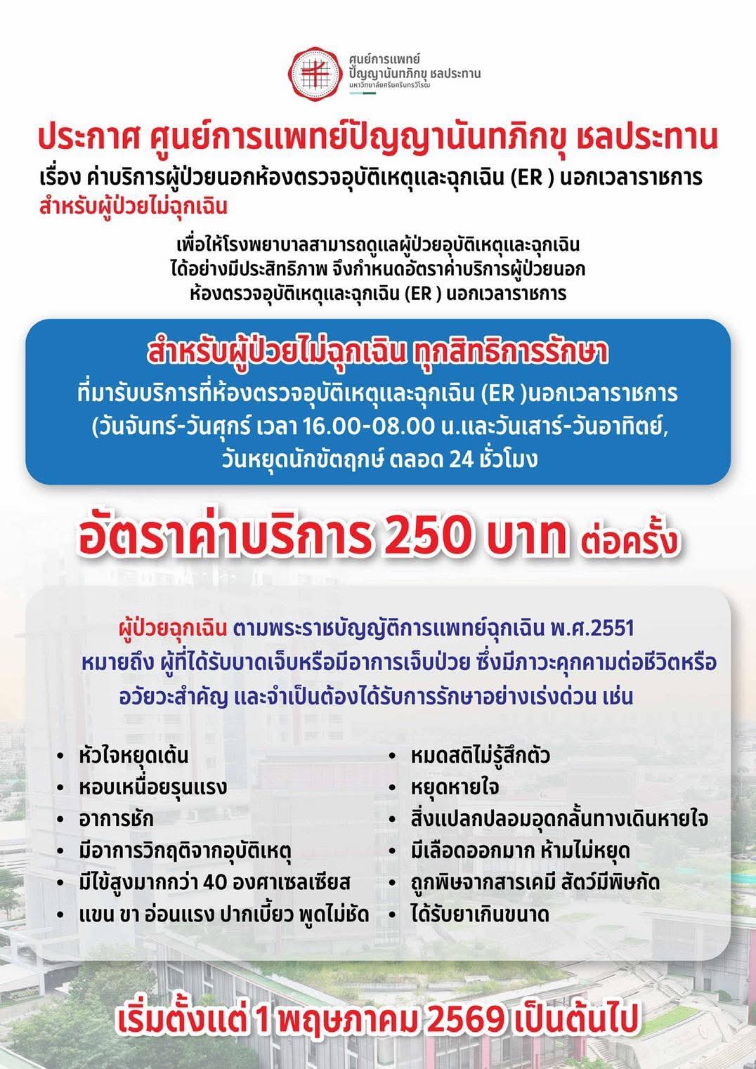 ประกาศโรงพยาบาลชลประทาน เก็บค่าบริการผู้ป่วยนอกเวลาห้องตรวจฉุกเฉิน 250 บาท/ครั้ง