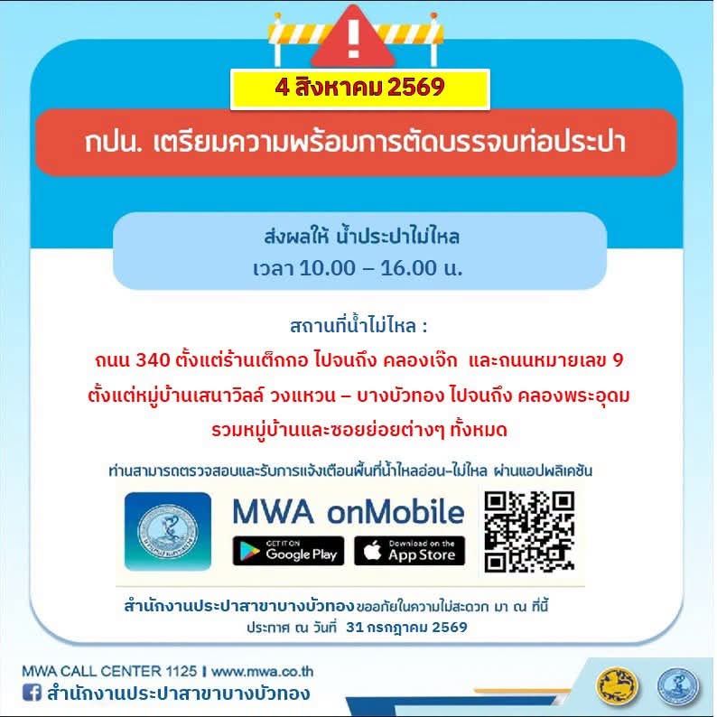 การประปานครหลวง ประกาศ งดจ่ายน้ำ ใน วันที่ 4 ส.ค.69