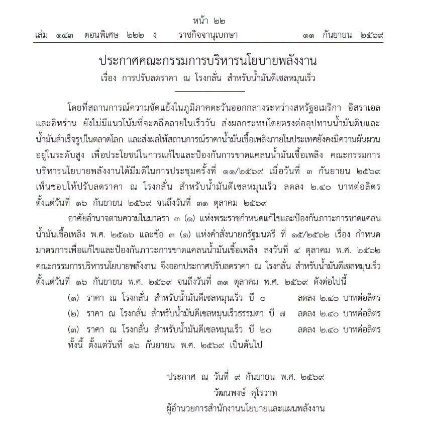 ประกาศราชกิจจานุเบกษา ต่ออายุลดราคาน้ำมัน “ดีเซล” ณ โรงกลั่น 2.40 บาทต่อลิตร มีผลตั้งแต่ 16 ก.ย.-31 ต.ค.