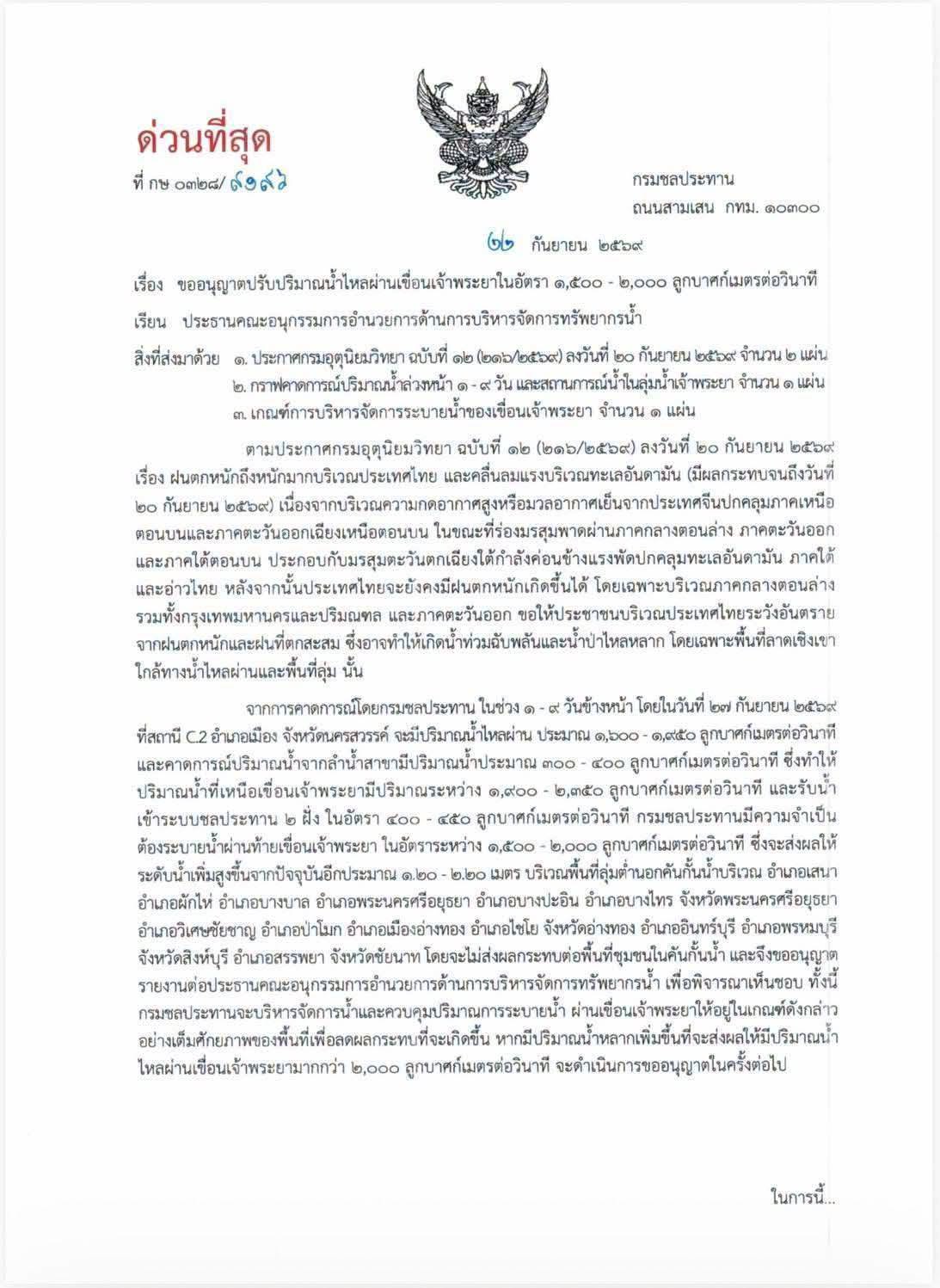 เขื่อนเจ้าพระยา แจ้งปรับการระบายน้ำ จากเดิมไม่เกิน 1,500 ลบ.ม./ วินาที เป็น สูงสุดไม่เกิน 2,000 ลบ.ม./วินาที