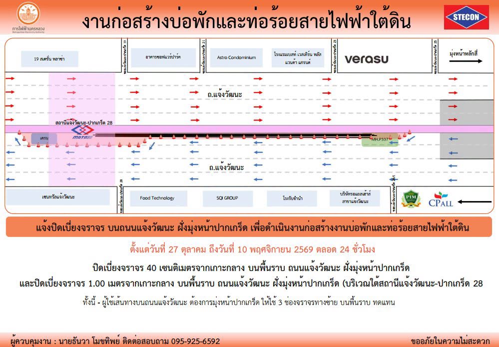 กฟน.แจ้งปิดเบี่ยงจราจร! ถ.แจ้งวัฒนะ มุ่งหน้าปากเกร็ด  27 ต.ค. – 10 พ.ย. 69