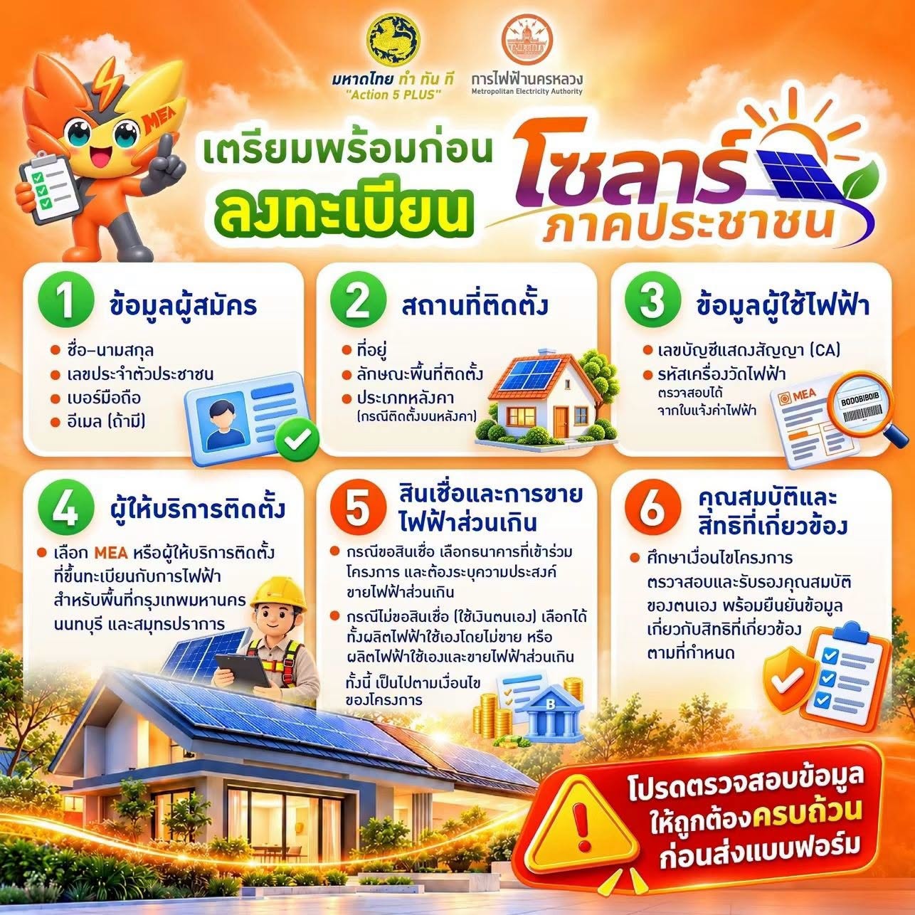 MEA แนะนำเตรียมข้อมูล 6 เรื่อง ก่อนลงทะเบียนโครงการโซลาร์ภาคประชาชน